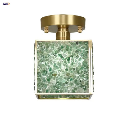 Modern brass and green crystal glass led ceiling light with square brass frame and decorbites crystal glass panel