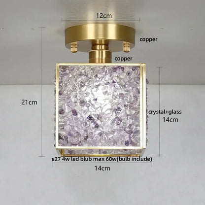 Modern brass ceiling light with a copper frame and decorbites crystal glass led panel filled with purple amethyst stones