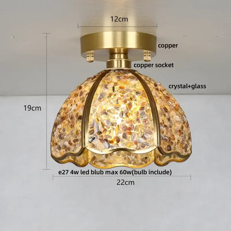 Modern brass and green decorbites crystal glass led ceiling light with scalloped amber glass shade and copper base