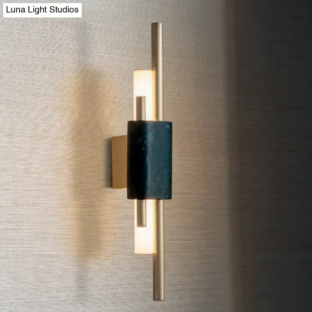 Modern brass and green marble led wall lamp with sleek brass finish and two vertical light bars for living room
