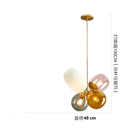 Modern brass pendant light with gold rod and multicolor glass globes for dining room glass pendant light design