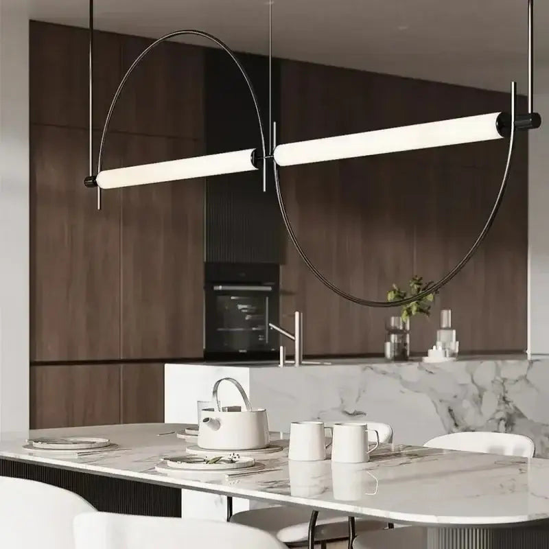 Modern minimalist pendant light with polished chrome finish and two white led bars for dining room use