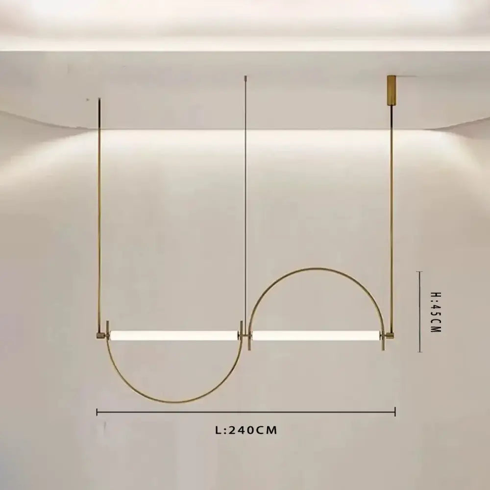 Modern brass pendant light with two horizontal led bars and a polished chrome finish curved circular frame for dining room