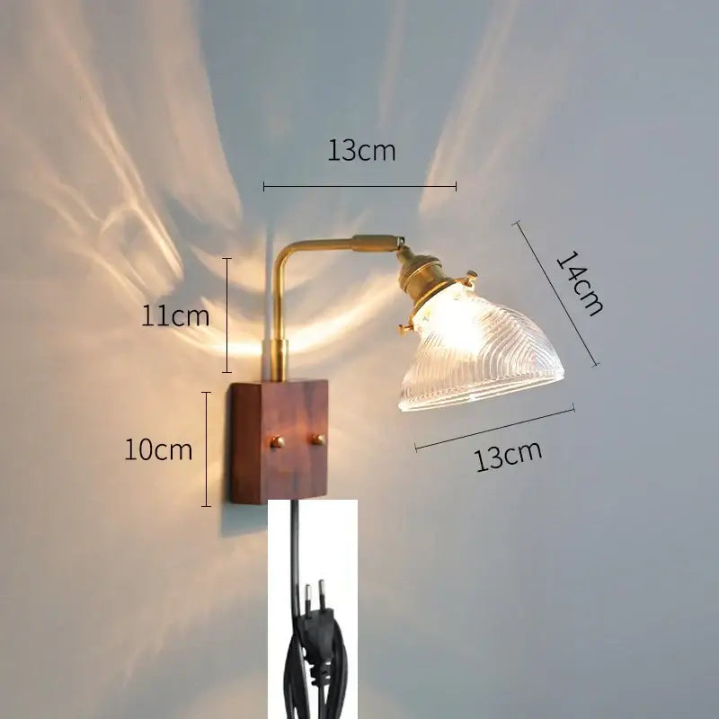 Modern brass wall lights with clear glass ribbed shade and wooden base for bedroom decorbites clear glass collection