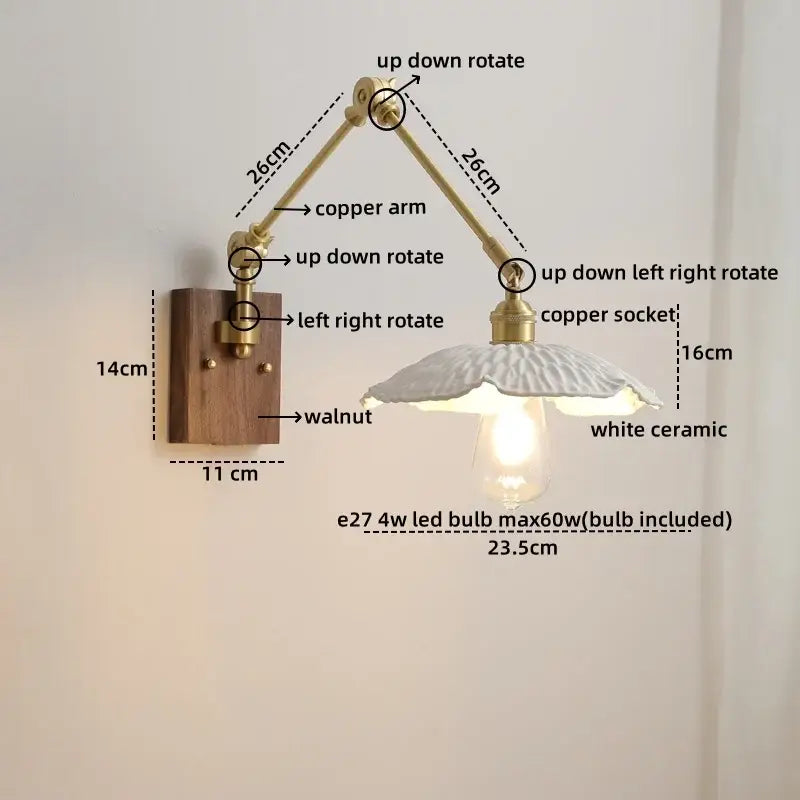 Adjustable copper-arm led wall lamp with white ceramic shade and walnut mounting plate for modern bedroom lighting