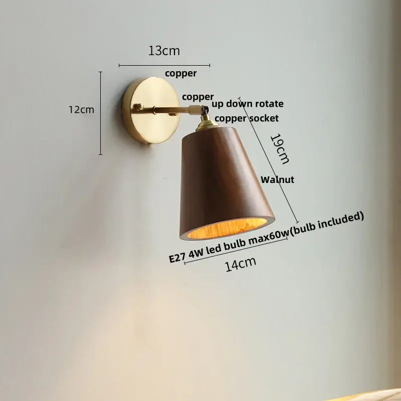 Modern brass and walnut led wall sconce with copper finish, walnut shade, and adjustable rotating led walnut wood socket
