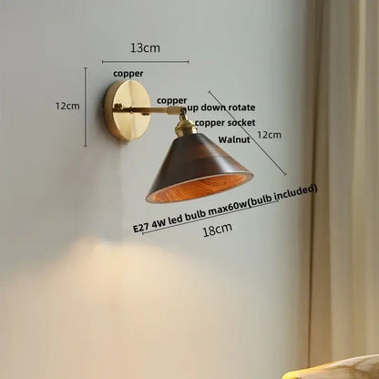 Modern brass and walnut led wall sconce with copper finish and walnut wood shade for bedroom mirror decorbites led walnut