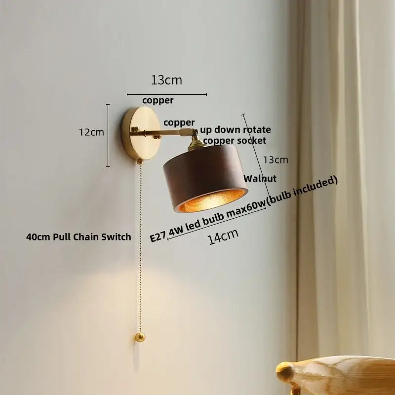 Modern brass and walnut led wall sconce with copper finish and e27 led bulb for bedroom mirror decorbites led walnut wood