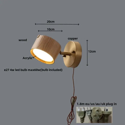 Modern brass and walnut led wall sconce with natural wood finish copper accents and acrylic diffuser for bedroom lighting