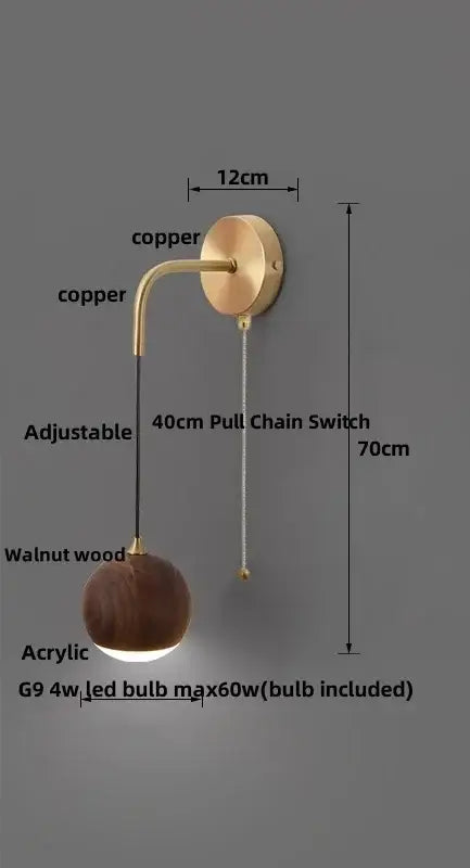 Modern brass and walnut wood wall sconce with copper accents and spherical acrylic shade for bedroom decorbites adjustable walnut wall sconce