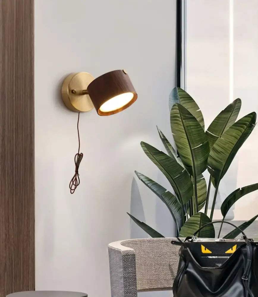 Modern brass and wood base wall sconce with dark wood-textured shade for living room spotlight decorbites led wood design