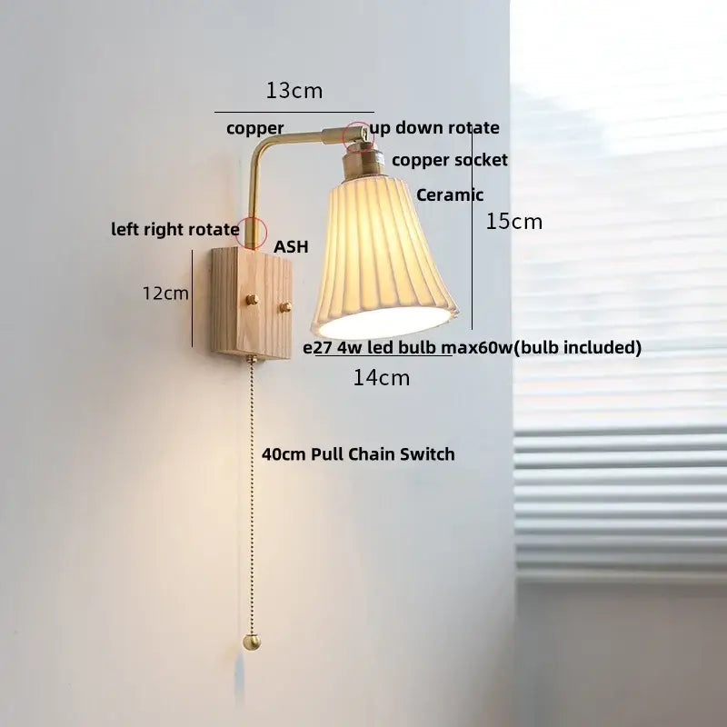 Copper-finished wall sconce with fluted ceramic led shade and ash wood bracket for modern bedroom decorbites ceramic led wall
