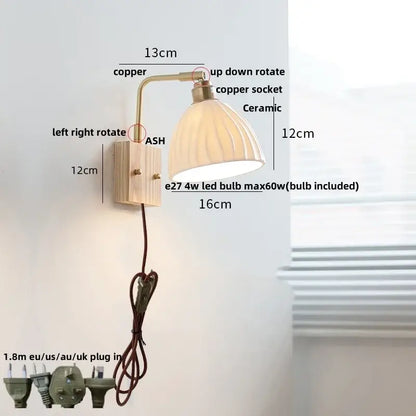A warm-toned ceramic led wall sconce with vertical ridges mounted on a copper arm and wooden base for bedroom decorbites ceramic led