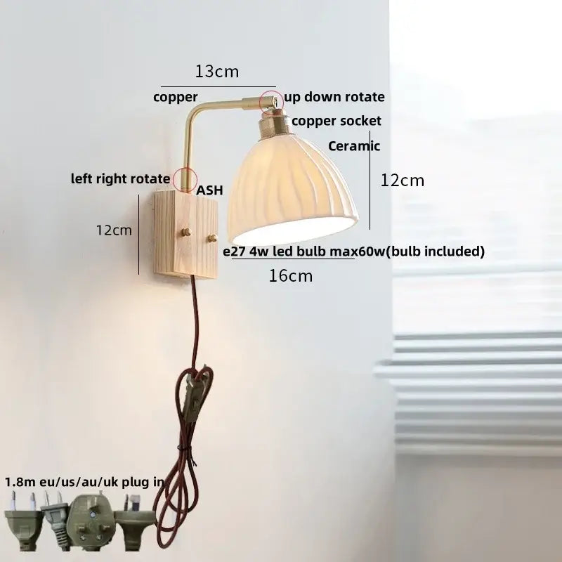A warm-toned ceramic led wall sconce with vertical ridges mounted on a copper arm and wooden base for bedroom decorbites ceramic led