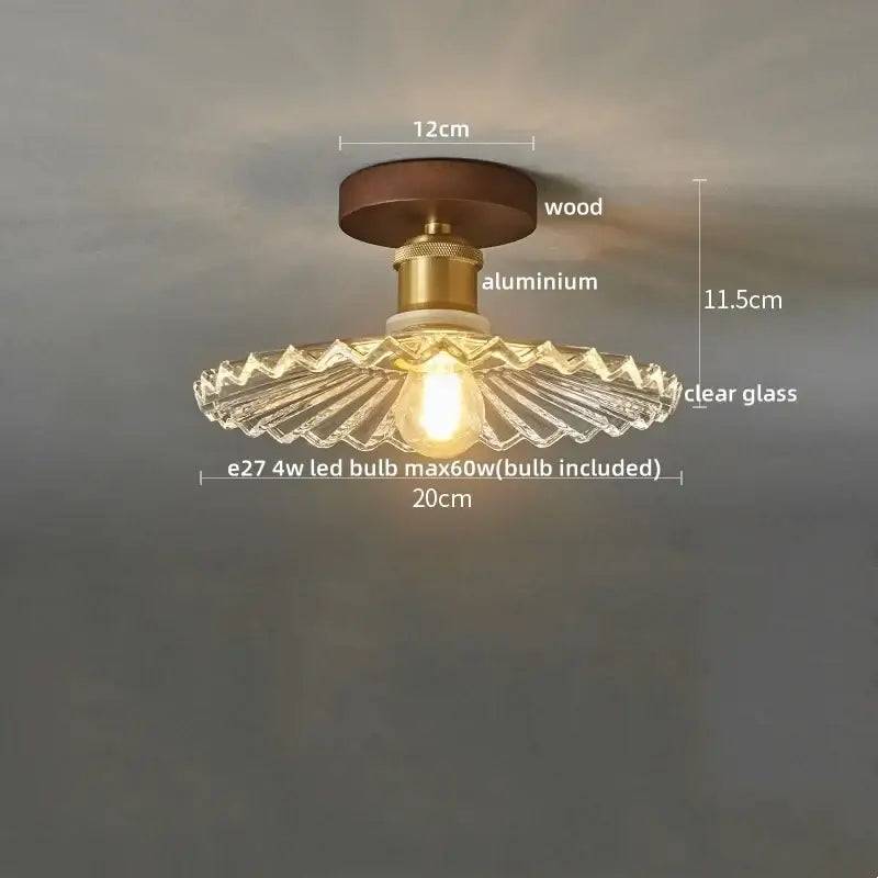 Modern brass and wood led ceiling light with dark wood base brass stem and clear scalloped glass shade for bedroom decorbites led ceiling