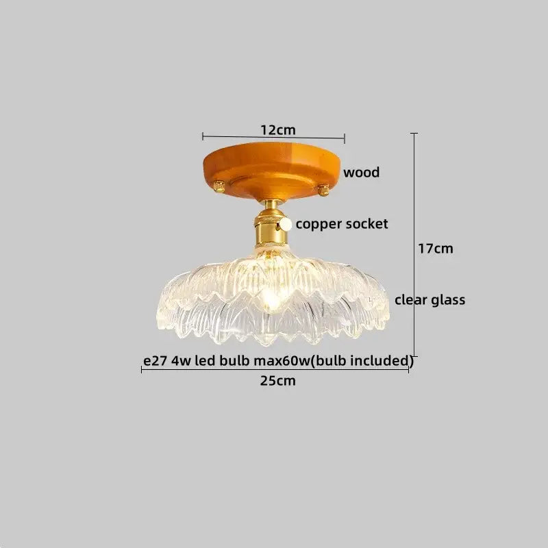 A clear glass ceiling light with fluted design and amber wooden mount for modern decorbites led ceiling light use