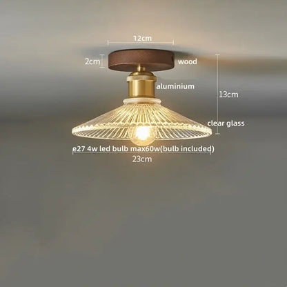 Modern brass and wood led ceiling light with dark wood base and clear radial etched glass shade for bedroom decorbites ceiling light