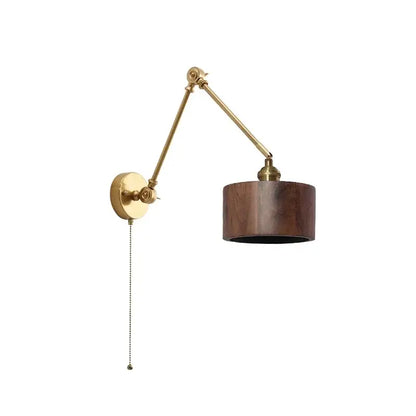 Modern brass and wood led wall sconce with adjustable brass finish dark brown shade and black power cord for bedroom use