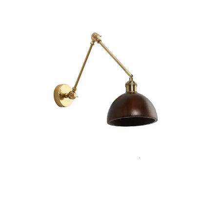 Modern brass and wood led wall sconce with adjustable brass finish and dark brown wooden shade for bedroom lighting