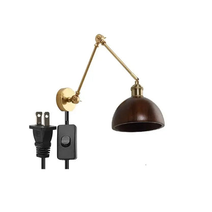 Modern brass and wood led wall sconce with adjustable brass finish and dark brown wooden shade for bedroom lighting