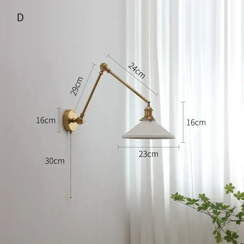 Modern brass and wood led wall sconce with brass finish and white ceramic lampshade for bedroom lighting