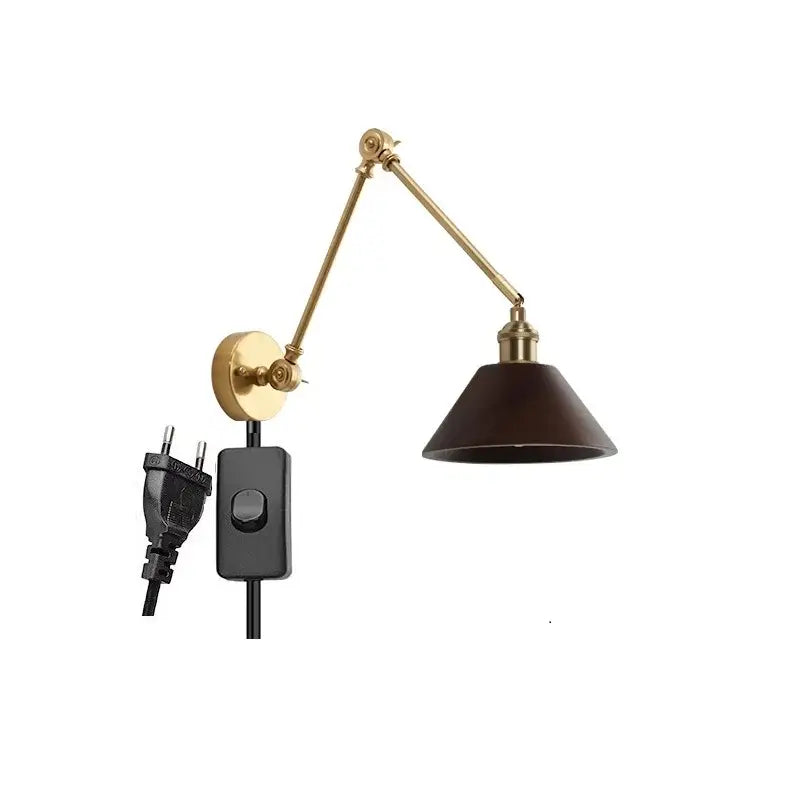 Modern brass and wood led wall sconce with an adjustable brass finish, dark brown conical shade, and black power cord