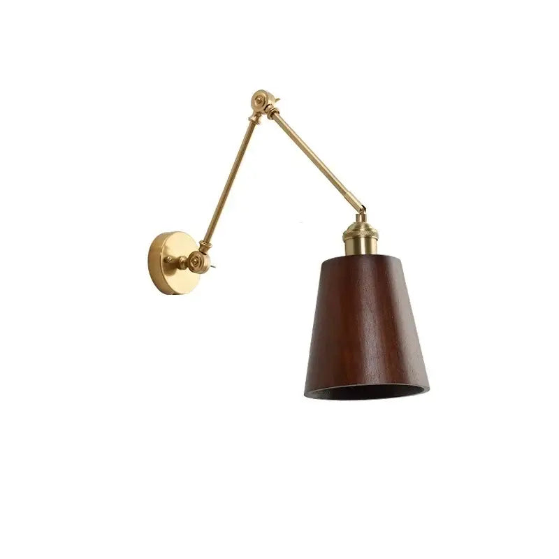 Modern brass and wood led wall sconce with adjustable brass finish and dark wood conical shade for bedroom use