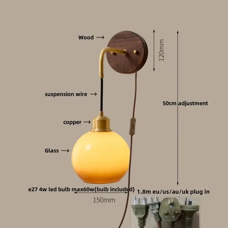 Modern brass and wood ribbed glass wall light with warm yellow globe and decorbites copper adjustable fixture