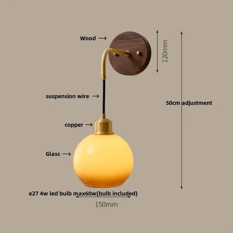 Modern brass and wood ribbed glass wall light with warm yellow globe and decorbites copper adjustable led fixture
