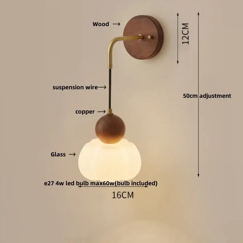 Modern brass and wood ribbed glass wall light with copper adjustable led and decorbites copper adjustable arm for bedroom decor