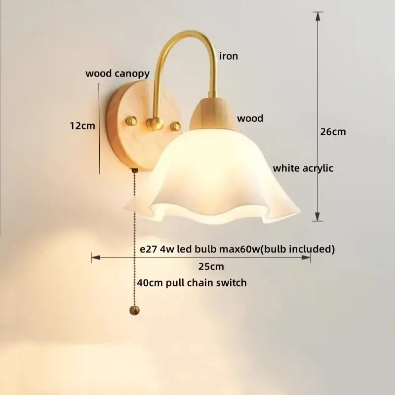 A warm-toned modern brass and wood led wall lamp with a white ruffled acrylic shade for living room decor