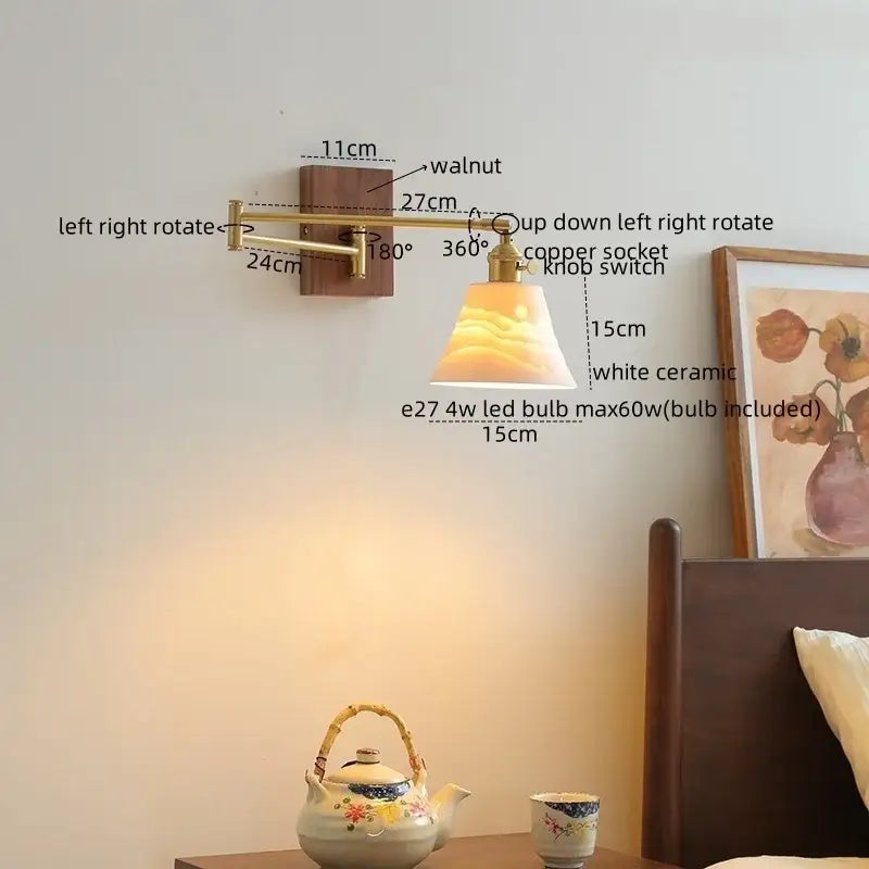Adjustable brass wall light with walnut mounting plate and white ceramic lampshade for modern bedroom decorbites ceramic copper use