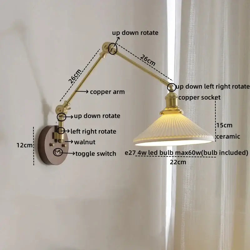 Adjustable modern brass wall light with ribbed ceramic copper shade ideal for bedroom reading and decorbites ceramic copper led