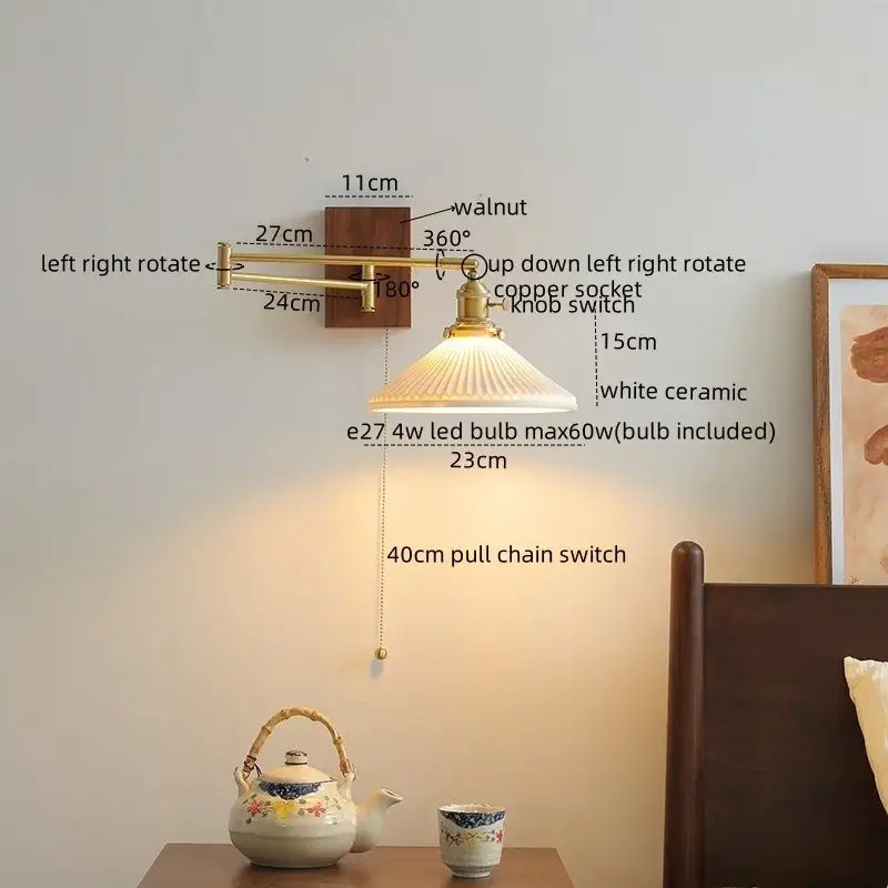 Adjustable brass wall light with a white ceramic lampshade and copper socket for decorbites ceramic copper led use
