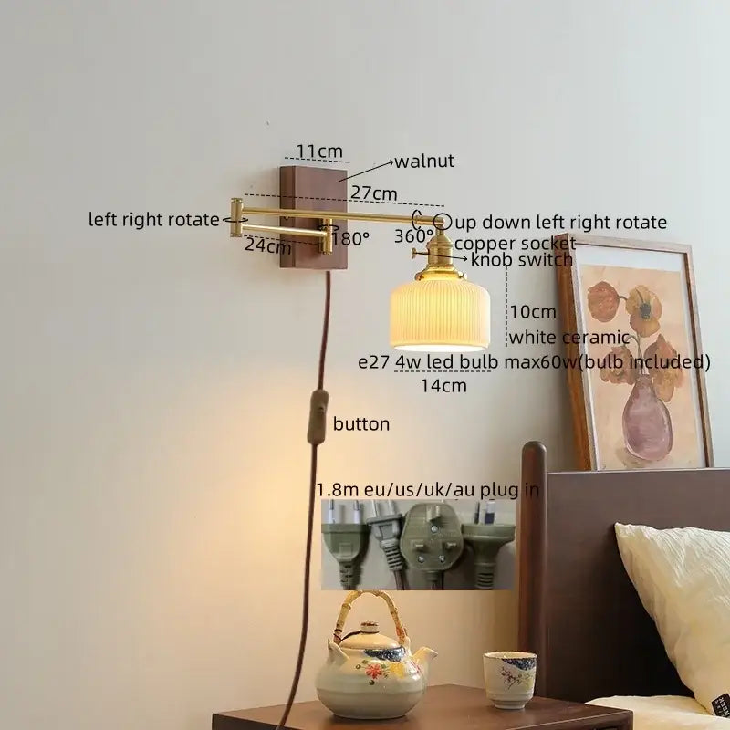 Adjustable modern wall light with walnut base brass arm white ceramic shade and e27 ceramic copper led bulb for decorbites