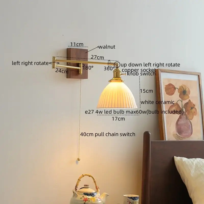 Modern brass and wood wall light with adjustable brass finish, white ceramic copper led lampshade, and walnut mount plate