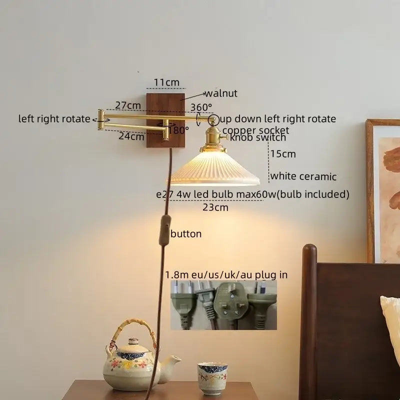 Modern brass and wood wall light with adjustable brass finish, white ceramic shade, and copper socket for bedroom decorbites ceramic copper led