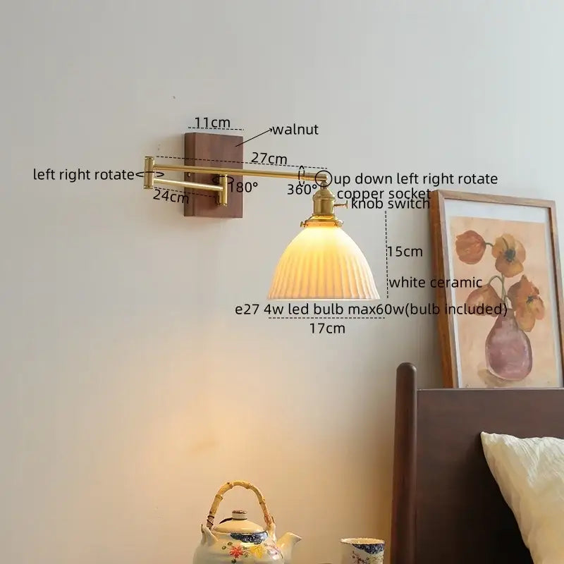 Modern brass wall light with wood accents and ceramic copper led ribbed glass shade for bedroom reading decorbites ceramic copper