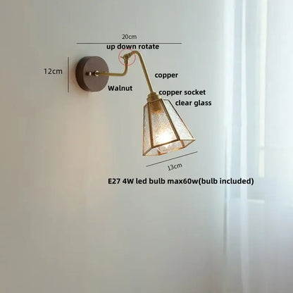 Modern brass and wood wall sconce with copper adjustable arm, amber led, and clear textured glass for decorbites copper glass decor