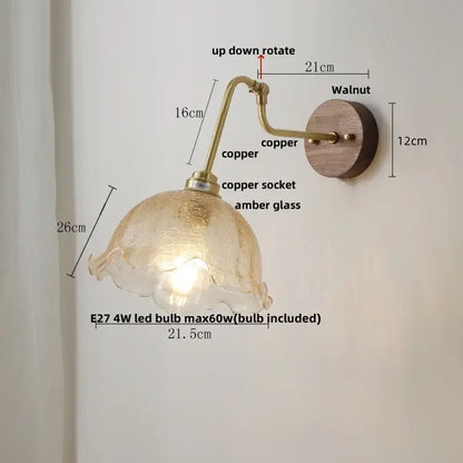 Modern brass and wood wall sconce with warm amber led glass lamp copper finish and walnut decorbites copper glass plate