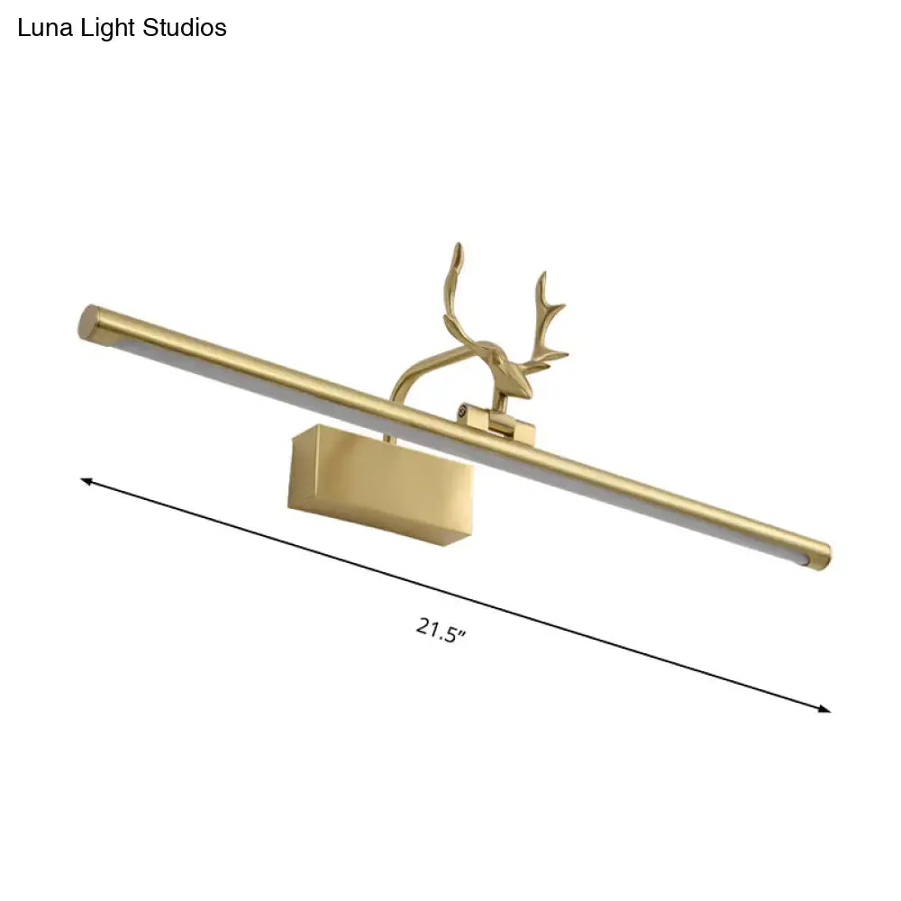 Modern brass antler led wall light with gold-finished deer-head and sleek rectangular 21.5-inch vanity fixture