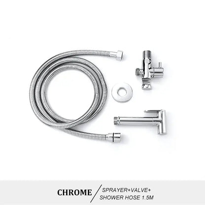 Modern brass bidet spray kit with chrome-finished flexible coiled hose and matching spray head and valve assembly