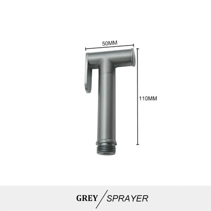 Grey metallic t-shaped handheld bidet spray with threaded base, 50mm width, 110mm height in modern brass spray kit