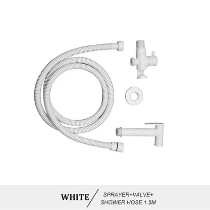 Modern brass bidet spray kit featuring a white plastic flexible coiled hose with matching spray nozzle and valve assembly