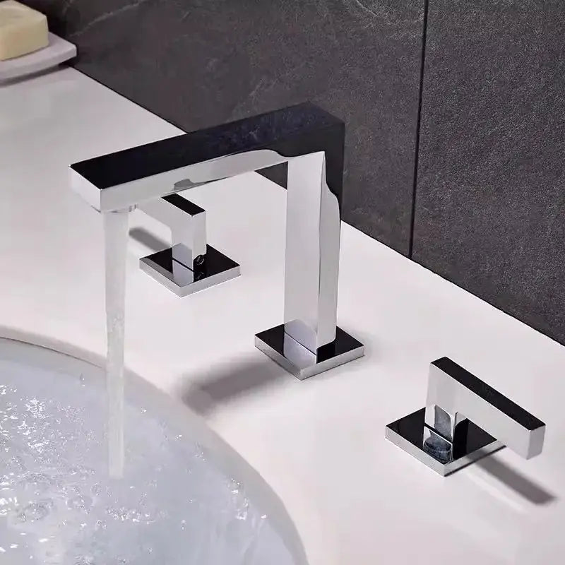 Modern chrome-finished three-handle basin faucet with angular design and brass black basin decorbites brass black style