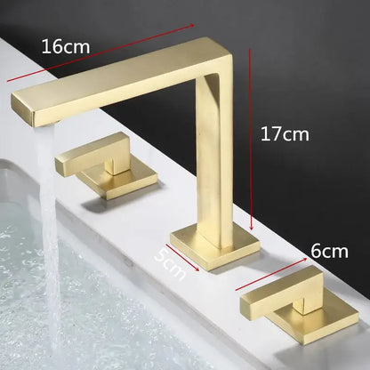 Modern brass black basin faucet with gold-colored waterfall spout and two handles for bathroom sink decorbites brass black