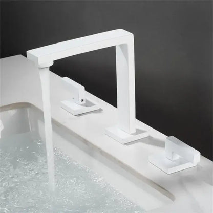 Modern white rectangular basin faucet with three handles and waterfall spout decorbites brass black basin design