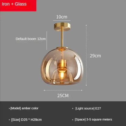 Amber-colored glass ball led ceiling light with brass iron fixture e27 bulb decorbites glass ball for living room decor