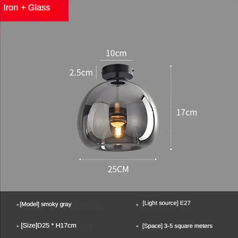 Modern brass and black decorbites glass ball led ceiling light with smoky gray glass pendant and iron fixture for living room