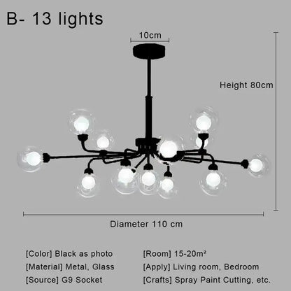 Black metal chandelier with 13 clear glass ball bulbs for dining room decorbites glass ball pendant lighting